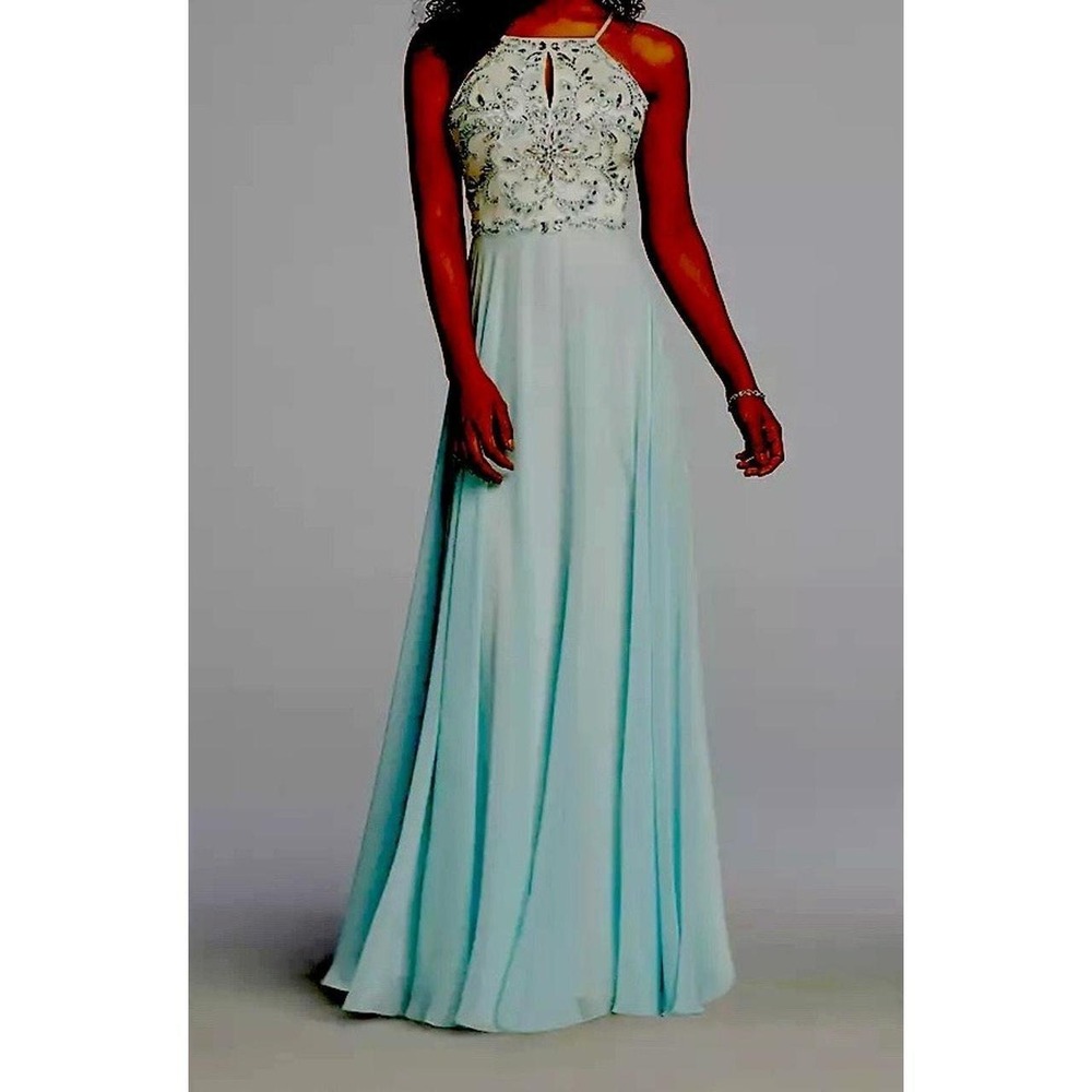 Halter Blue Aqua Chiffon Beaded Halter Homecoming Dress Formal Maxi Sz 10 Glam